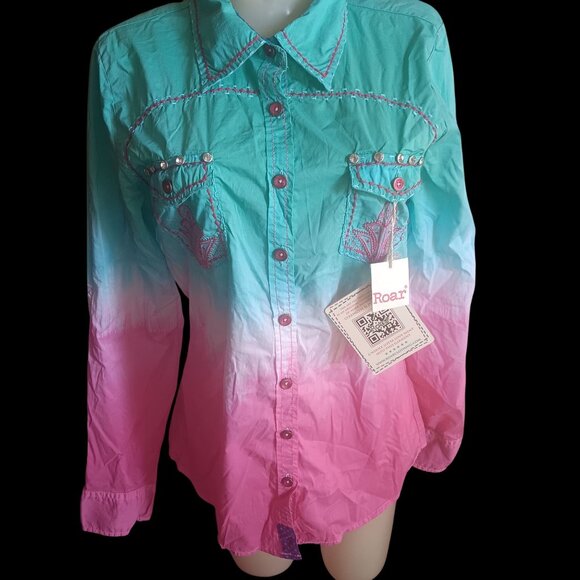 NEW Roar Womens Large Western Shirt Roar Embroidery Rhinestones Dip dye - Picture 1 of 6